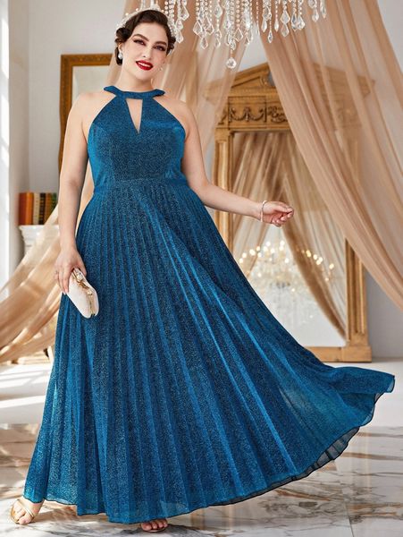 

plus keyhole neck pleated hem glitter prom dress 237r#, Black