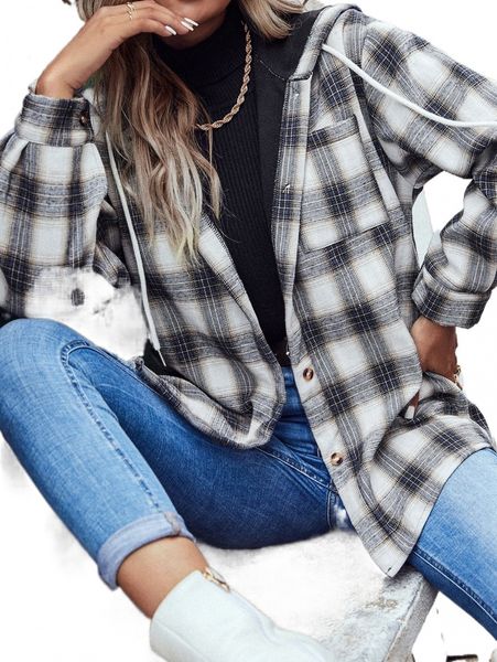 

plaid single breasted drawstring thermal lined hooded coat k6fz#, Black