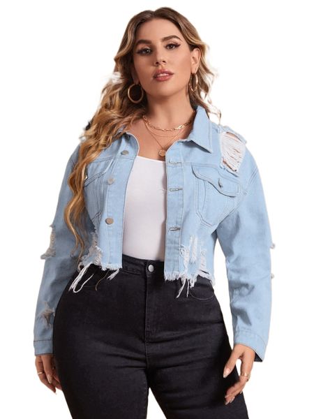 

plus ripped raw cut drop shoulder crop denim jacket l97h#, Black;brown