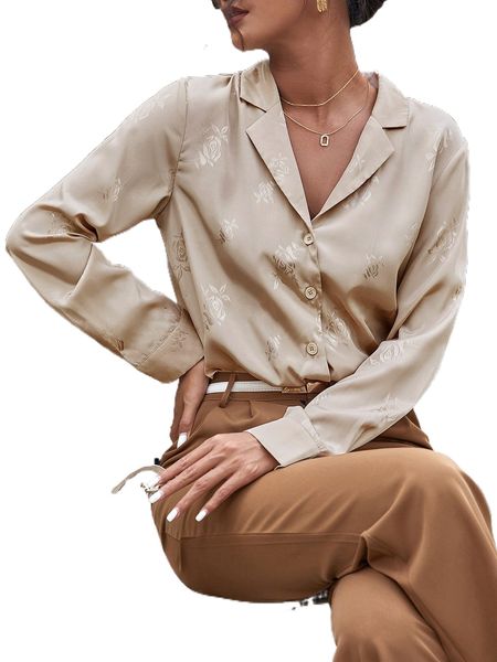 

jacquard lapel collar button front blouse 55xl#, White