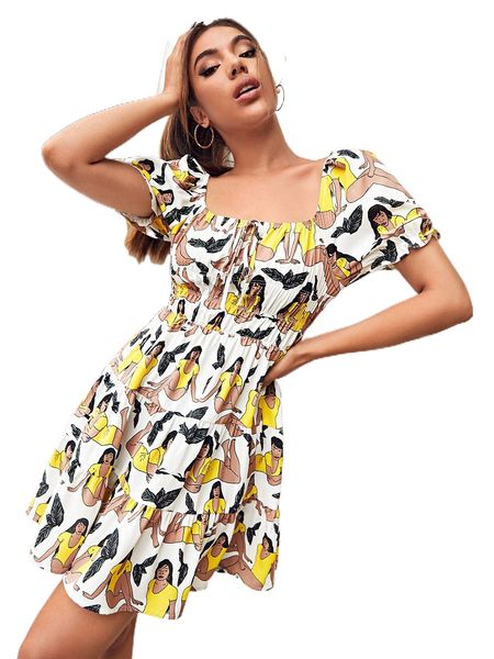 

x ebib allover figure print ruched detail flounce hem dress v3ch#, Black;gray