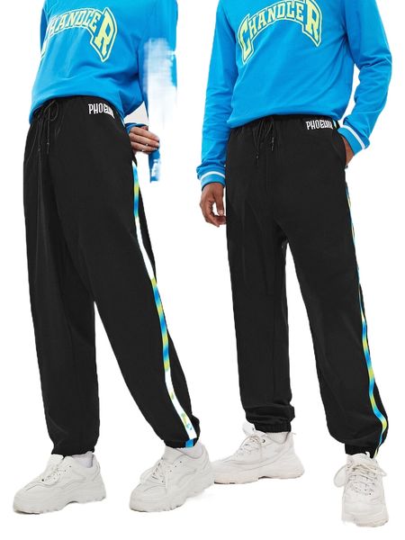 

1pc letter embroidery contrast tape drawstring waist sweatpants 942f#, Black