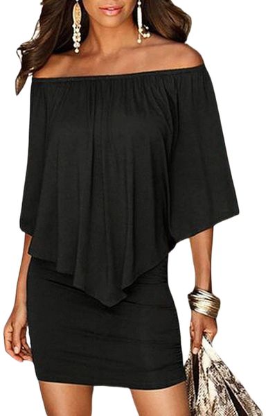 

womens bodycon dress ruffled sleeve off shoulder mini dress 40fn#, Black;gray