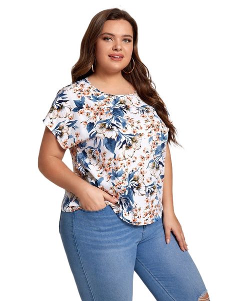 

plus floral print scoop neck keyhole back blouse q57q#, Black