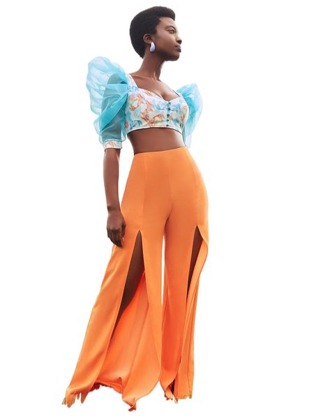 

x amof neon orange high waist split thigh wide leg pants d1qt#, Black;white