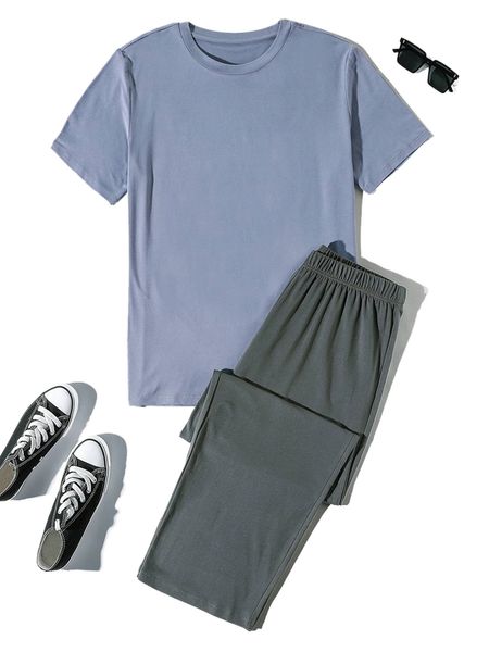 

men round neck tee & pants pj set g2qk#, Black;brown