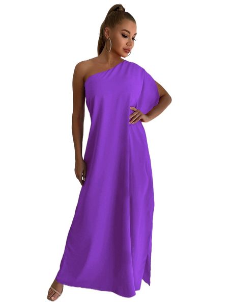 

joyfunear one shoulder split sleeve maxi dress 10l3#, Black;gray