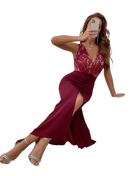 

contrast lace overlap collar slit thigh dress s46f#, Black;gray