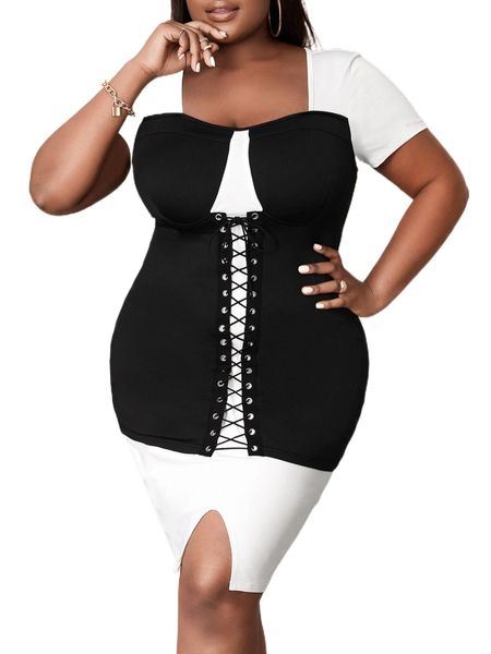 

sxy plus lace up front two tone split hem 2 in 1 bodycon dress g0ex#, Black