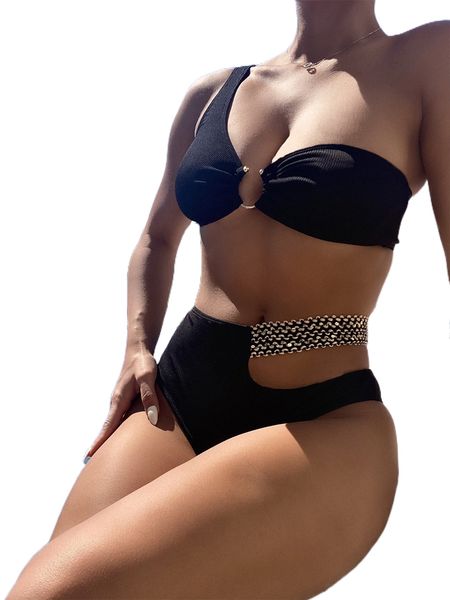 

one shoulder u-ring cut out bikini swimsuit j4jv#, White;black