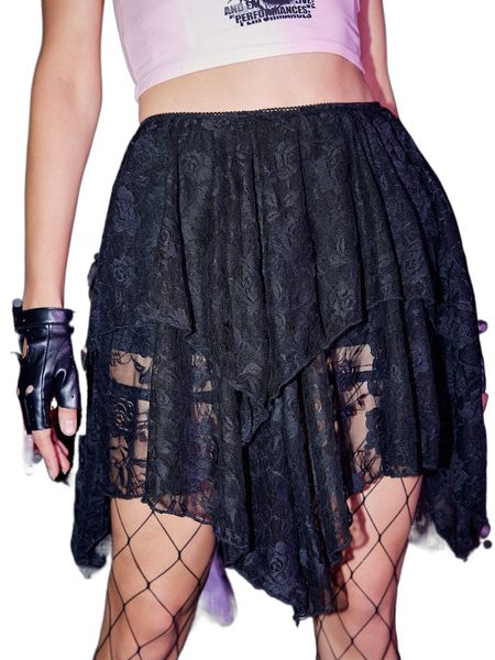 

romwe lace floral asymmetrical hem skirt n8lt#, Black