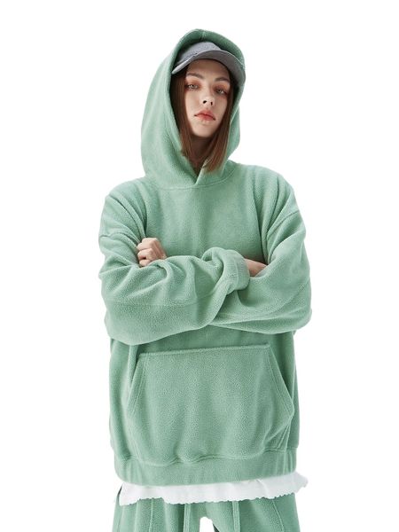 

kangaroo pocket drop shoulder fleece hoodie x5hj#, Black