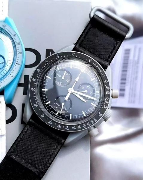

bioceramic moonswatch swiss quqrtz chronograph mens watch so33g100 mission to earth 42mm real green ceramic blue dial nylon strap with box s, Slivery;brown