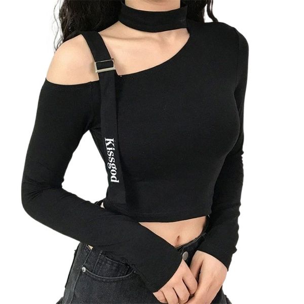 

net red ins europe and america dark wind long sleeve t-shirt women 2020 autumn new diagonal collar neck shoulder jacket d25m#, White