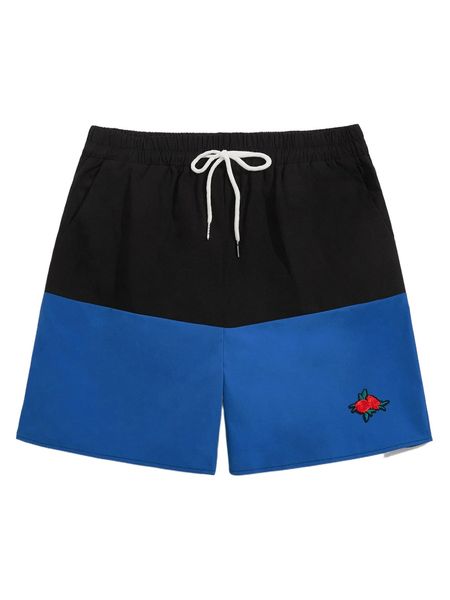 

romwe guys floral patched colorblock drawstring shorts b9iz#, White;black