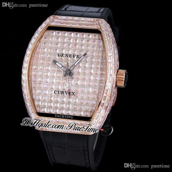 Vanguard v45 Miyota 8215 Автоматические мужские часы мощеного квадратного бриллиантового циферблата розовое золото бриллианты Безель черный липкий ремешок замороженные украшения часы Pure E243E5