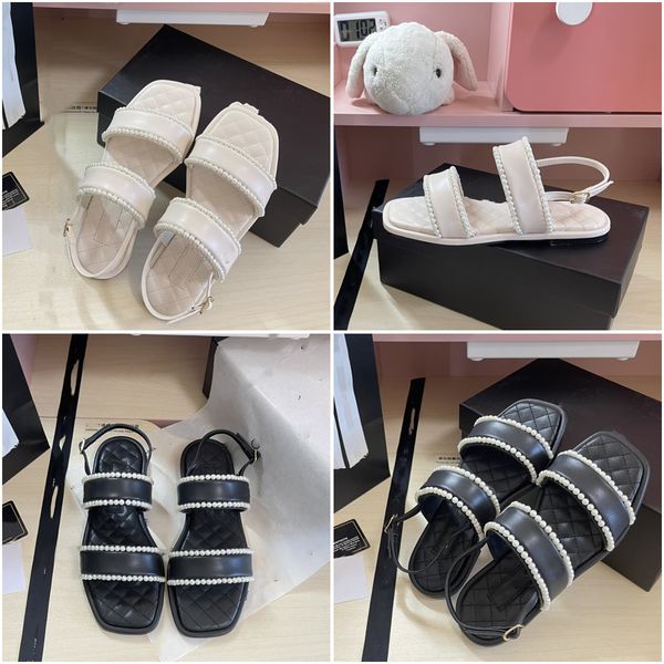 

2022 flat slides designer genuine leather pearl sandals for women summer luxury fashion soft party banquet slide shoes size 35-40, Black