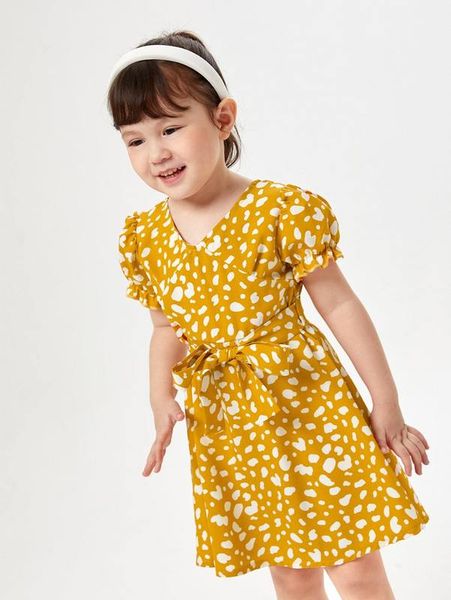 

toddler girls dalmatian print puff sleeve belted dress she, Red;yellow
