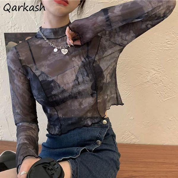 

women long sleeve t-shirts mesh dye high street crop girls summer thin breathable slim all-match tees ulzzang chic, White