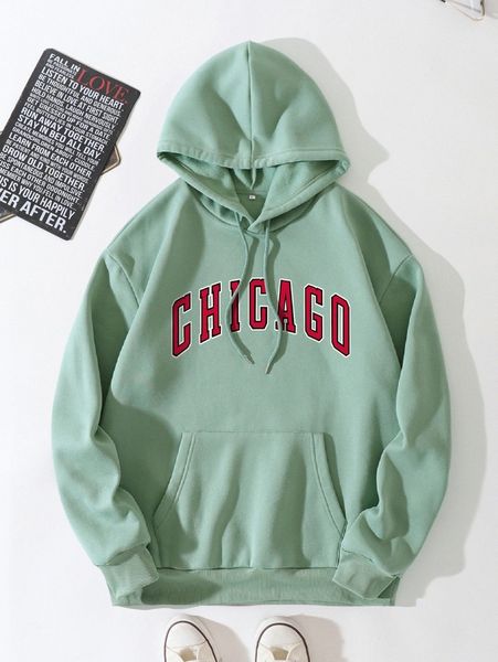 

men letter graphic kangaroo pocket drawstring thermal hoodie 42eq#, Black