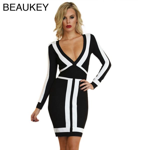 

black and white deep v neck rayon autumn winter long sleeve women bandage dresses fashion bodycon bandage dress 210414, Black;gray