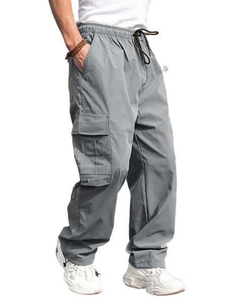 

men flap pocket side drawstring waist cargo pants b7b3#, Black