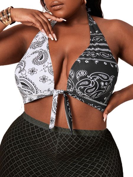 

plus paisley & floral print tie front halter bikini h3l1#, Black
