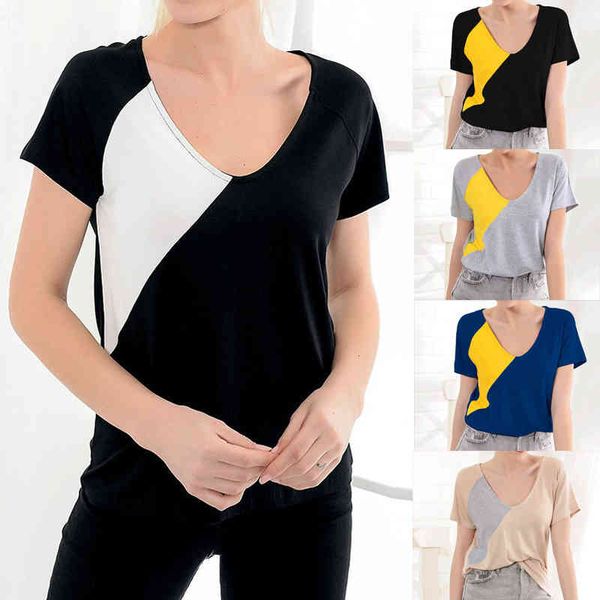 

women's t-shirt casual patchwork color contrast round neck short sleeve women's t-shirt cksl, White