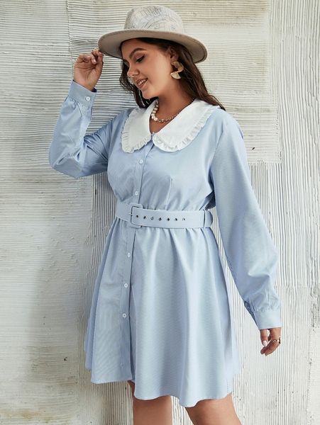 

simplee plus peter pan collar belted striped dress v1hd#, Black