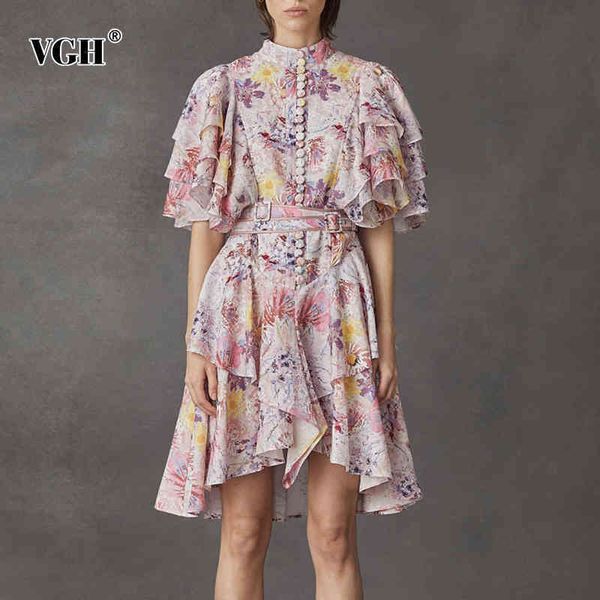 

vintage hit color dress for women stand collar flare sleeve high waist print mini dresses female fashion clothing 210507, Black;gray