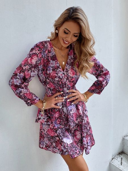 

floral print shirred waist a-line dress x3fu#, Black;gray