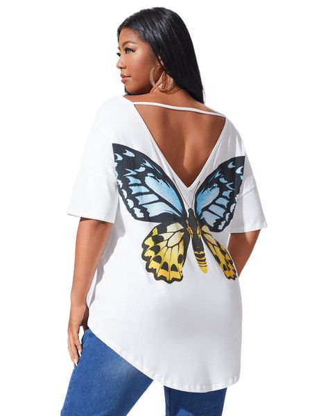 

plus drop shoulder butterfly print cutout back tee t0av#, Black
