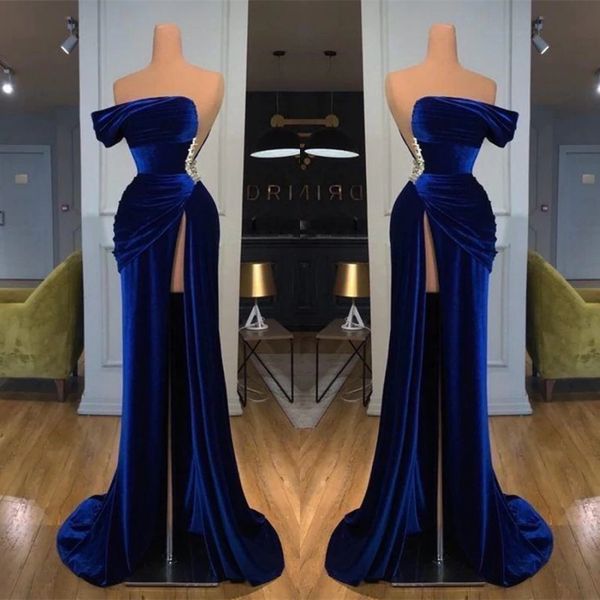 

2022 royal blue off-the-shoulder long prom evening dresses velvet backless prom gowns with split bc11436 b0613g12, Black;red