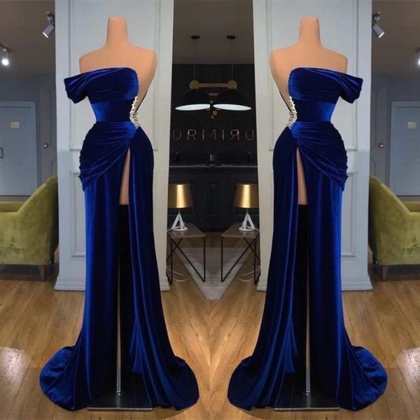 2022 Royal Blue Off-Thoulder Long Prom Promes Frames Lelvet Backless Prom Plants с разделением BC11436 B0613G12