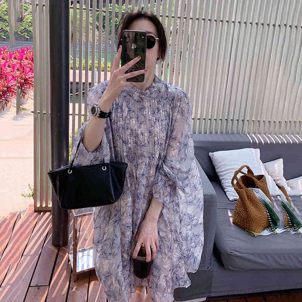

casual dresses summer 2022 french slim loose a-line xianqi super xiansen floral thin chiffon dress ujai, Black;gray