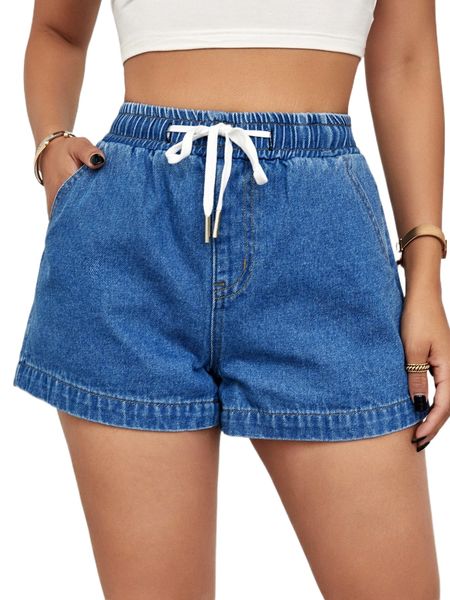 

drawstring waist washed denim shorts r9ec#, White;black