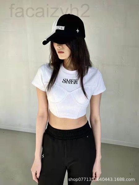 

women's t-shirt designer chaopai 22ss early spring new spice girl style breast pad exposed belly button cross locomotive short sleeve t, White