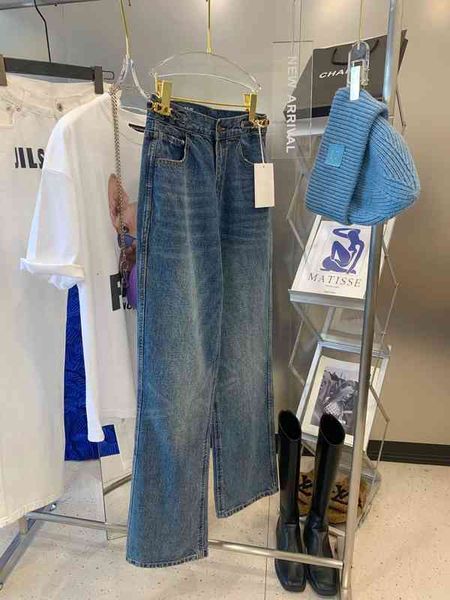 

2022 early spring new loose straight tube version metal waist buckle decorative arc de triomphe jeans for women, Blue