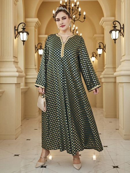 

plus gold geo print contrast tape notched neck tunic dress o5xa#, Black