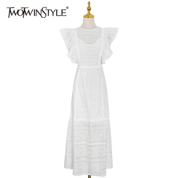 

white embroidery long dress for women o neck short sleeve high waist patchwork lace ruffle elegant dresses female 210423, Black;gray