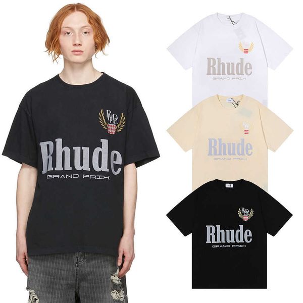 

american fashion 2022 new rhudes grand prix double yarn pure cotton loose short sleeve t-shirt for boys and girls, White;black