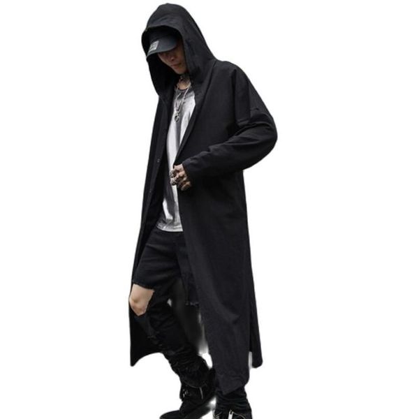 Trench da uomo Primavera estate uomo nero sottile punk rock hip hop trench con cappuccio giacca lunga da uomo stile gotico mantello vintage hiphop cardiagn 220826