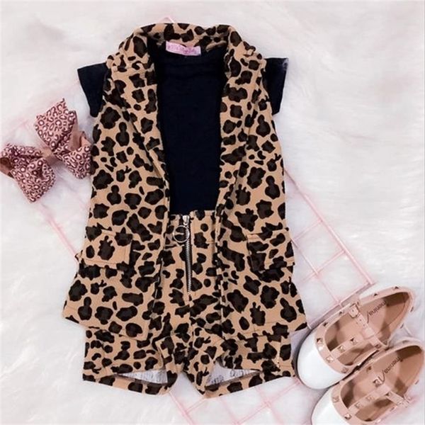 

emmababy summer toddler baby girl 3pcs clothes outfit sleeveless leopard shirt t shirt short pants set 220620, White