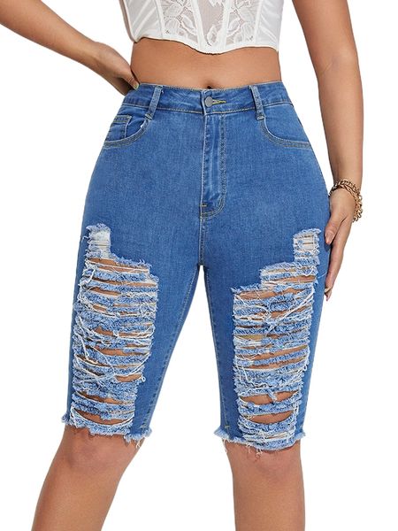

ripped raw hem denim biker shorts 90oq#, White;black