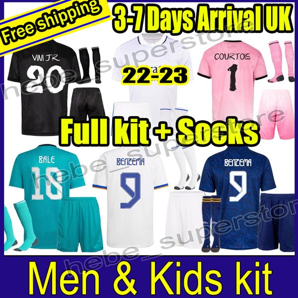 

+ kids kit with socks benzema fourth soccer jerseys 21 22 23 football shirt camavinga alaba modric real madrids macamiseta uniforms vini jr, Black