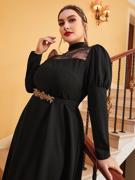 

plus mock neck lace yoke gigot sleeve dress without belt 52hs#, Black