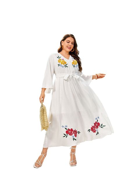 

plus floral embroidered overlap collar belted dress d2mm#, Black