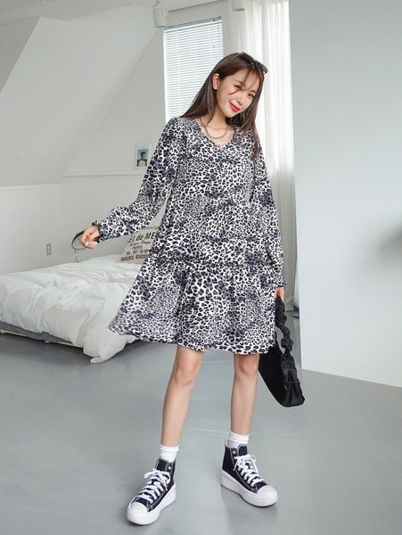 

dazy leopard print smock dress f6wp#, Black;gray
