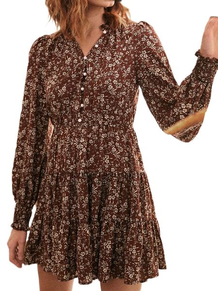 

ditsy floral print shirred cuff ruffle hem dress o7vl#, Black;gray