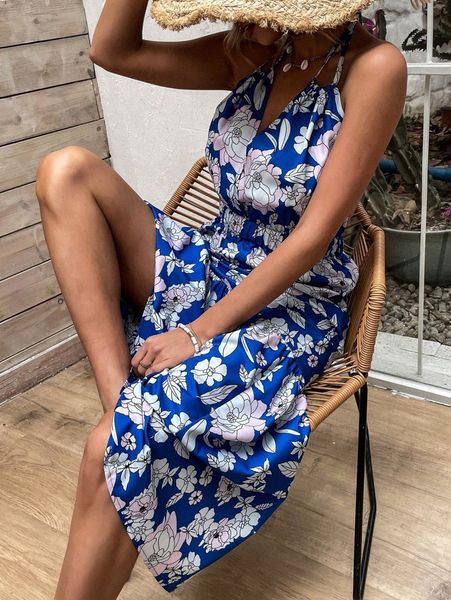 

floral print tie backless ruffle hem halter dress v8k0#, Black;gray